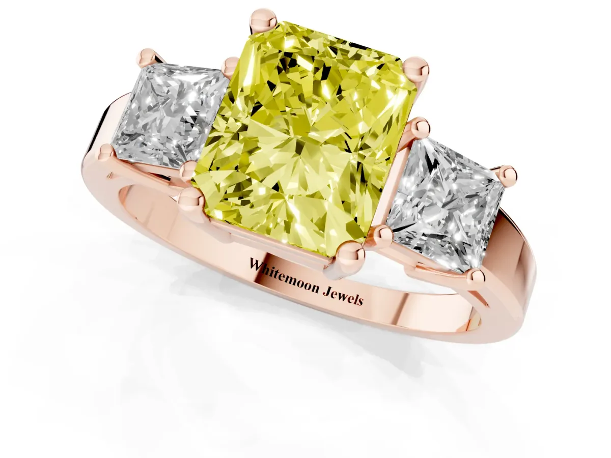 Fancy Yellow Three-Stone Radiant Cut Cut Solitaire Ring with Prong Setting Rose gold