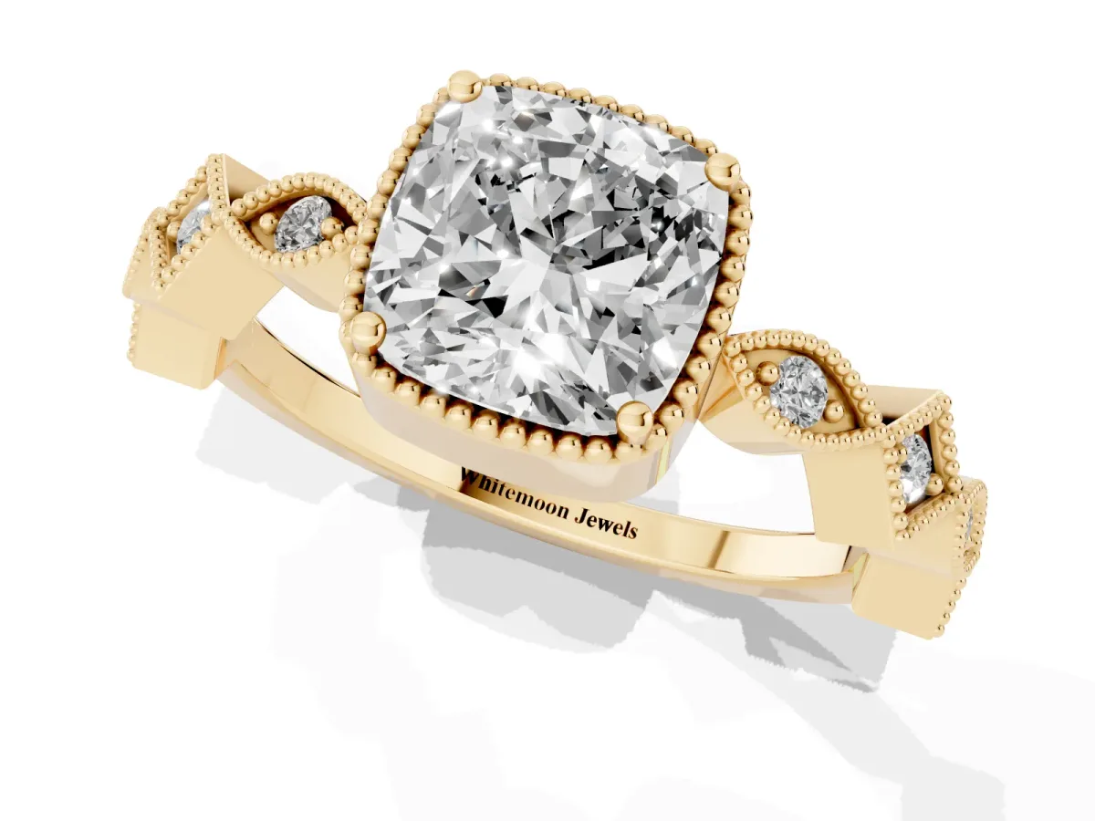Cushion Cut Milgrain Marquise Diamond Twist Band Ring Yellow gold