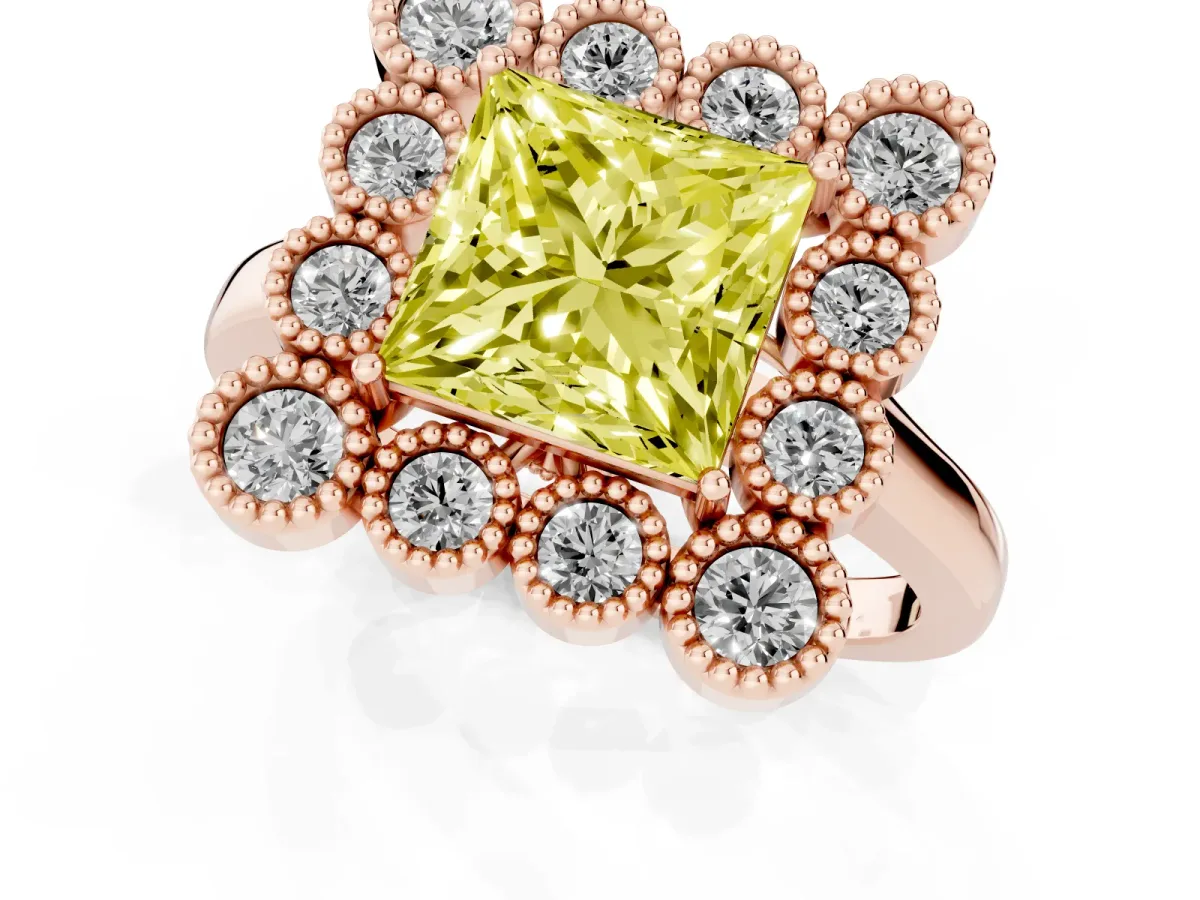 Fancy Yellow Princess Cut Halo Diamond Cluster Engagement Ring with Milgrain Bezel Setting and Solitaire Band Rose gold