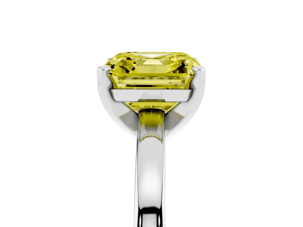 Fancy Yellow Asscher Cut Solitaire Diamond Engagement Ring with Four-Prong Setting on a Classic Band Platinum