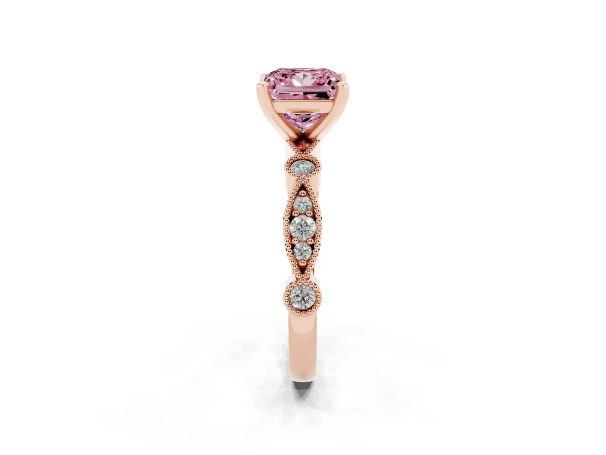 Fancy Pink Princess Cut Milgrain Bezel Diamond Engagement Ring with Solitaire Prong Setting Rose gold