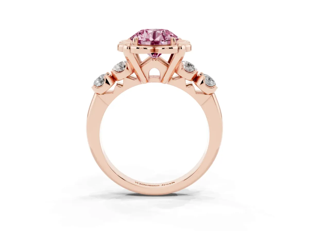 Fancy Pink Round Cut Cut Diamond Floral Halo Engagement Ring with Shared Prong Setting Rose gold