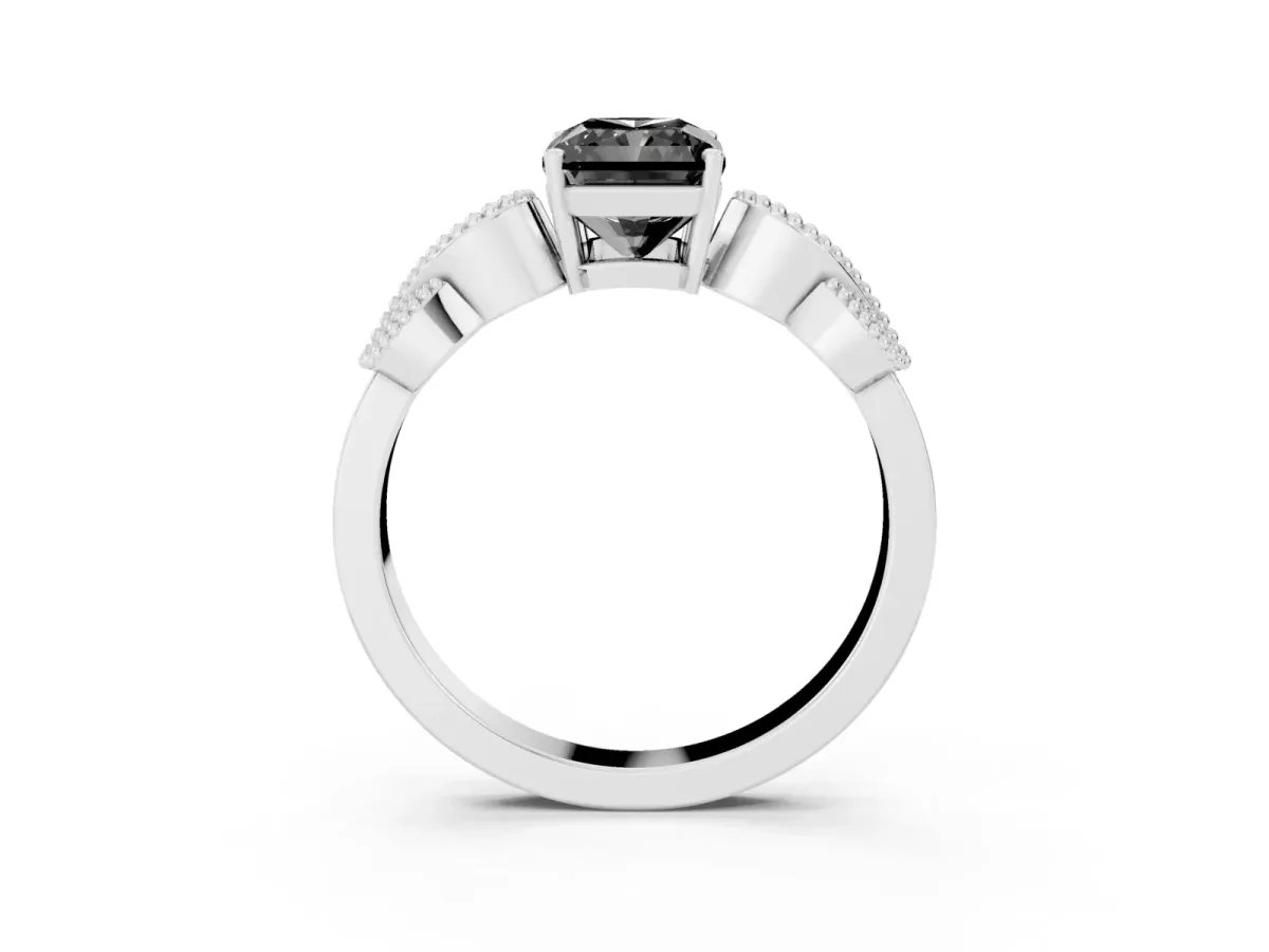 Fancy Black Princess Cut Solitaire Milgrain Leaf Band with Prong Setting Platinum