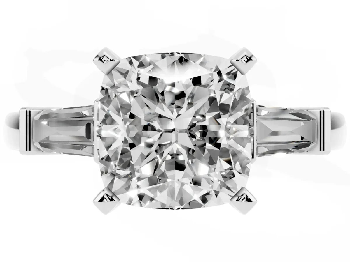 Cushion Cut Cut Diamond Solitaire Ring with Tapered Baguette Accents and Four-Prong Setting White gold