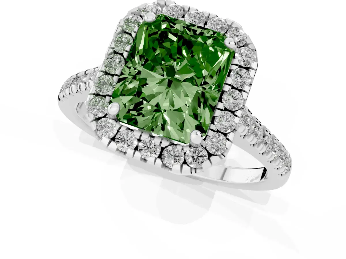Fancy Green Radiant Cut Diamond Cushion Halo Ring with Pavé Band White gold