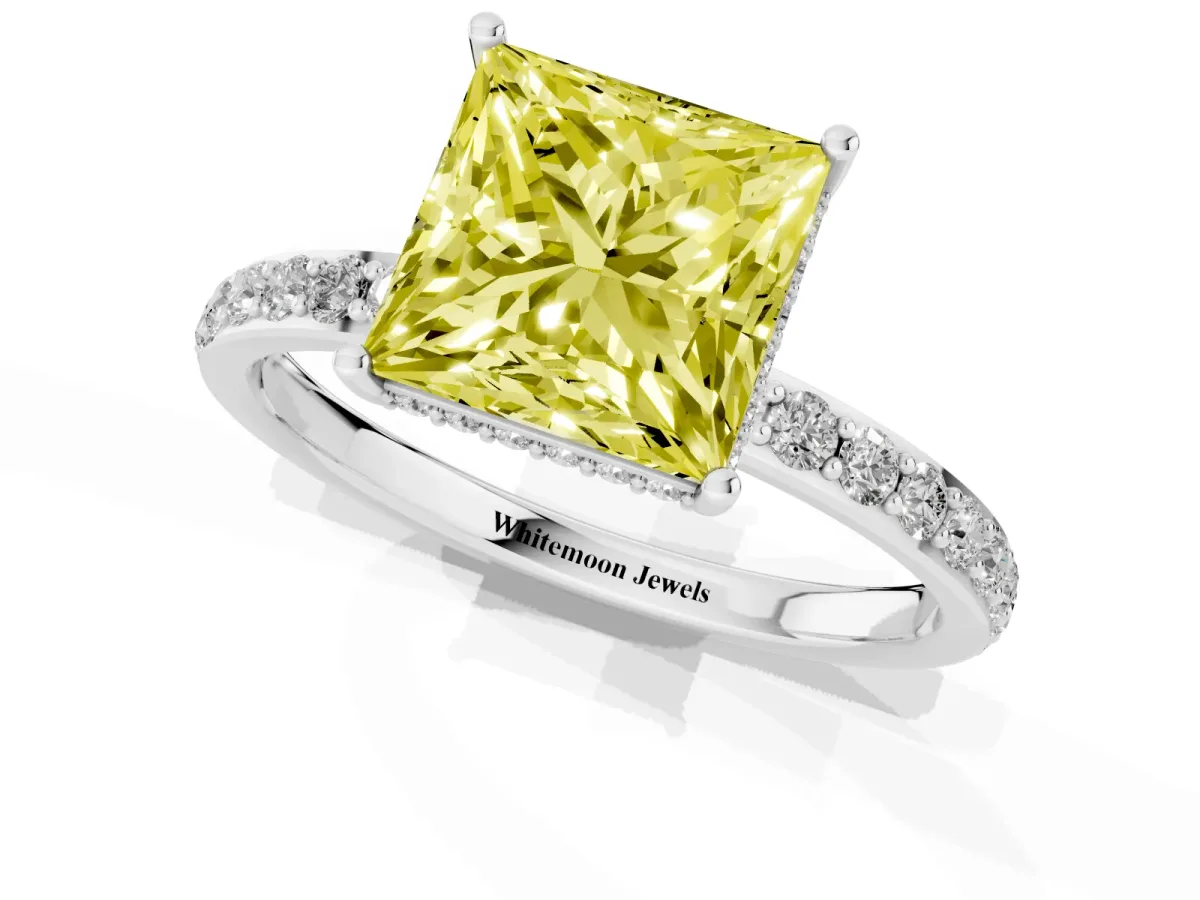 Fancy Yellow Princess Cut Diamond Solitaire Ring with Pavé Band and Hidden Halo Silver