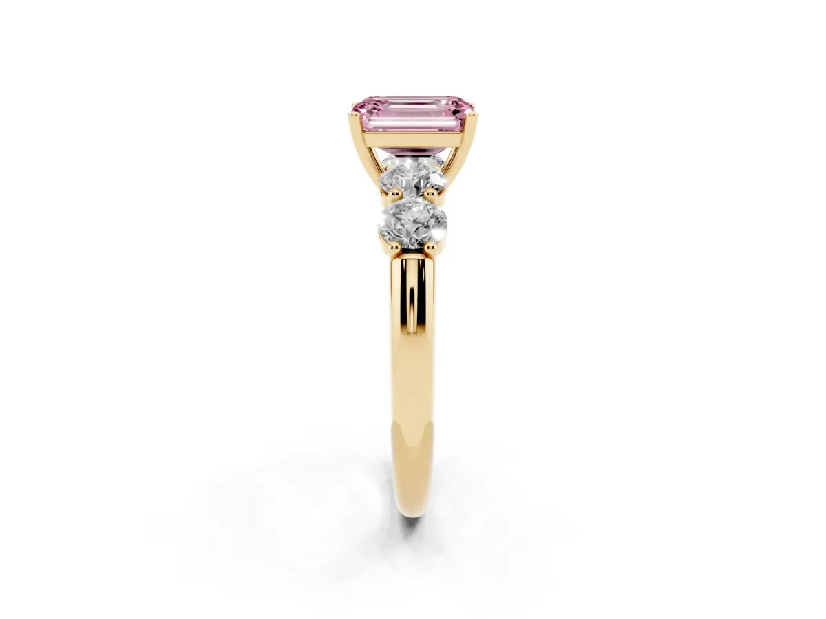 Fancy Pink Emerald Cut Cut Five-Stone Prong Set Diamond Ring with Classic Band Yellow gold