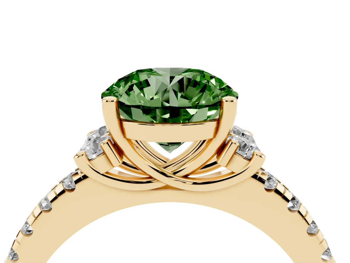 Fancy Green Round Cut Diamond Three-Stone Pave Band with Four-Prong Setting Yellow gold