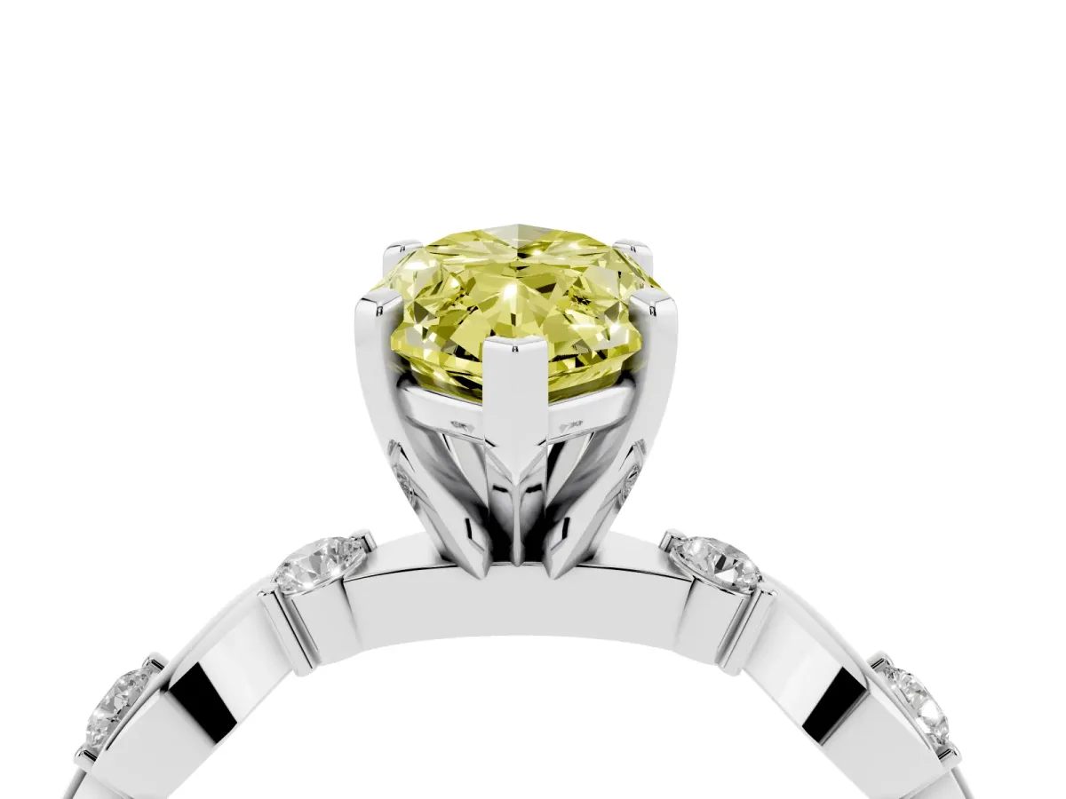 Fancy Yellow Marquise Cut Diamond Solitaire Twisted Band with Round Accents and Prong Setting White gold