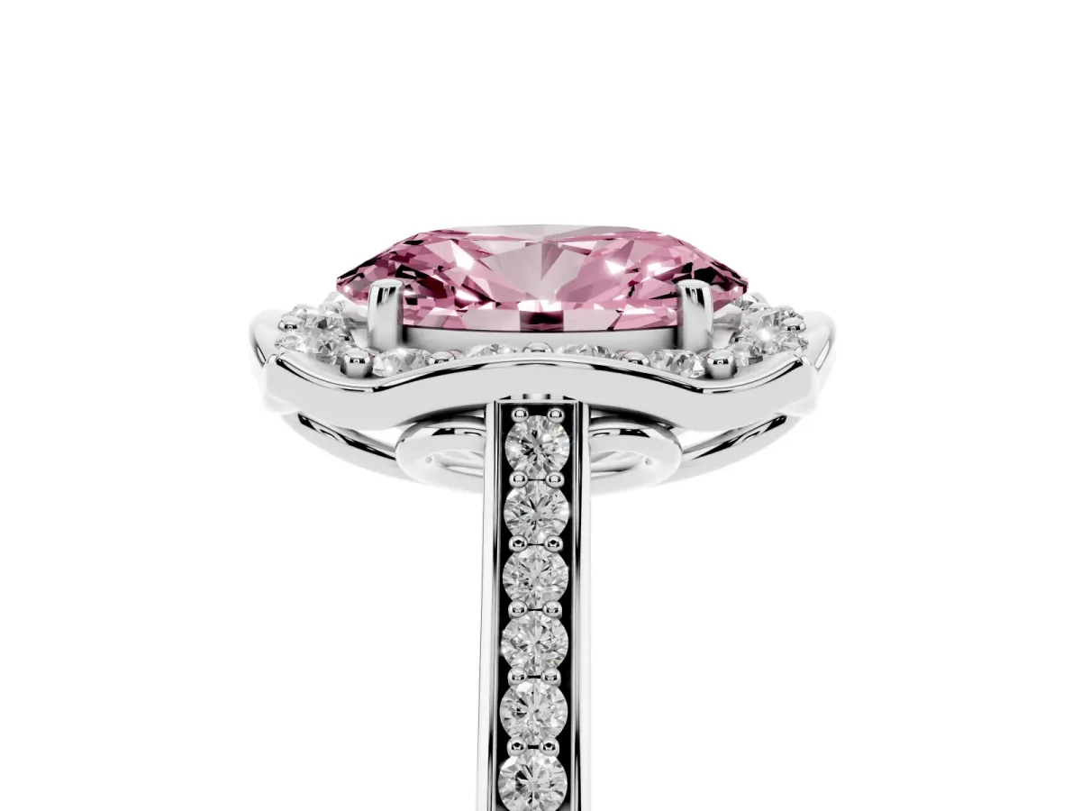 Fancy Pink Oval Cut Halo Round Diamond Pave Band with Four-Prong Setting Silver