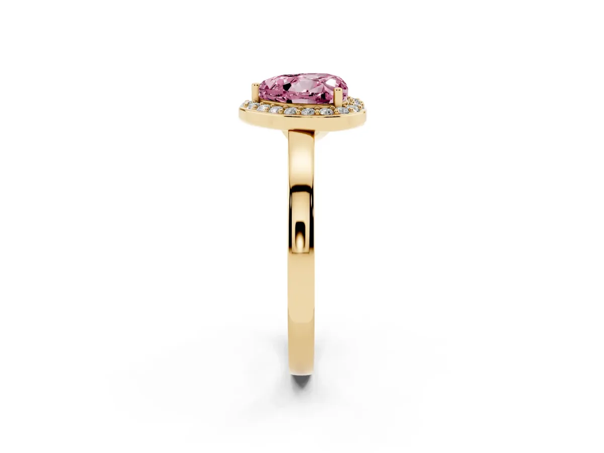 Fancy Pink Heart Cut Halo Diamond Ring with Solitaire Band and Prong Setting Yellow gold