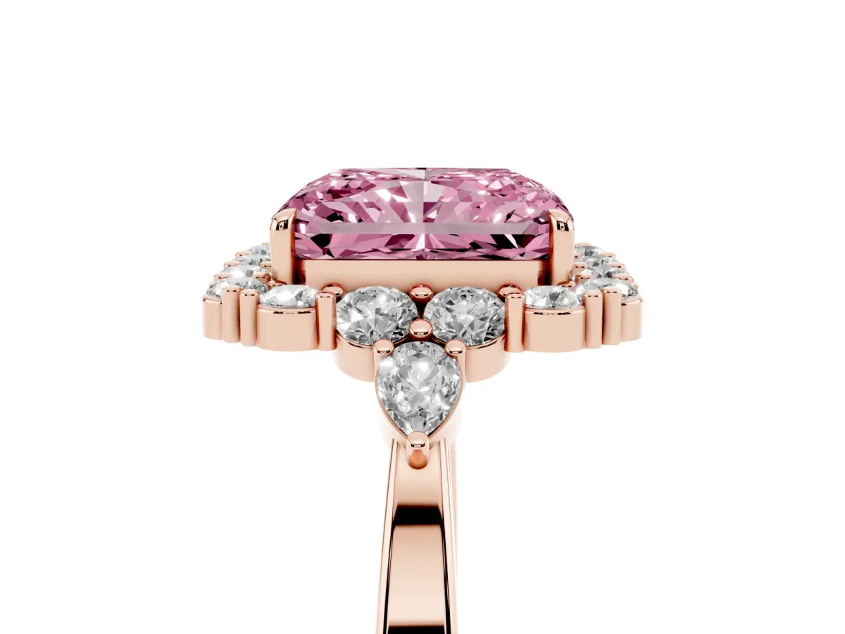Fancy Pink Radiant Cut Diamond Halo Ring with Pear Side Stones and Prong Setting Rose gold