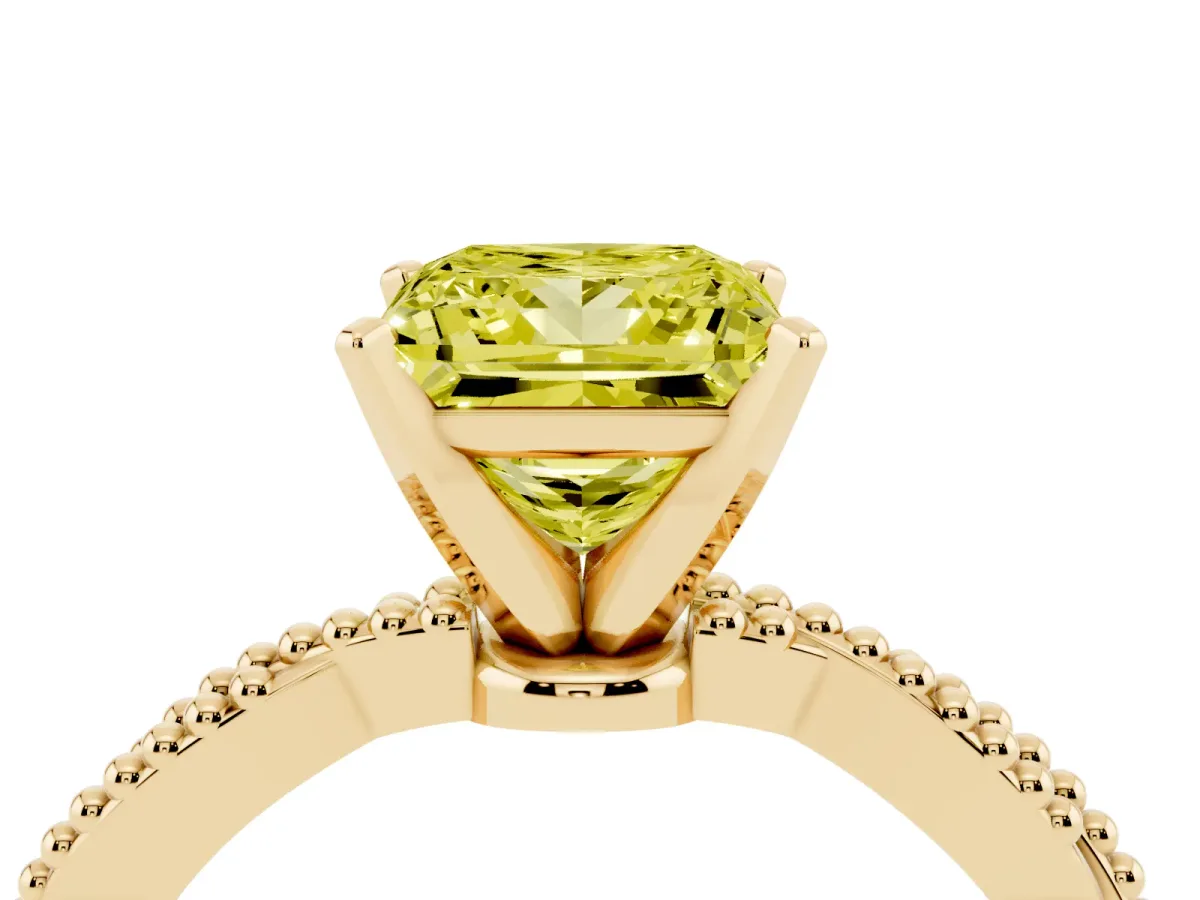 Fancy Yellow Princess Cut Solitaire Twisted Band with Bead Prong Setting Yellow gold