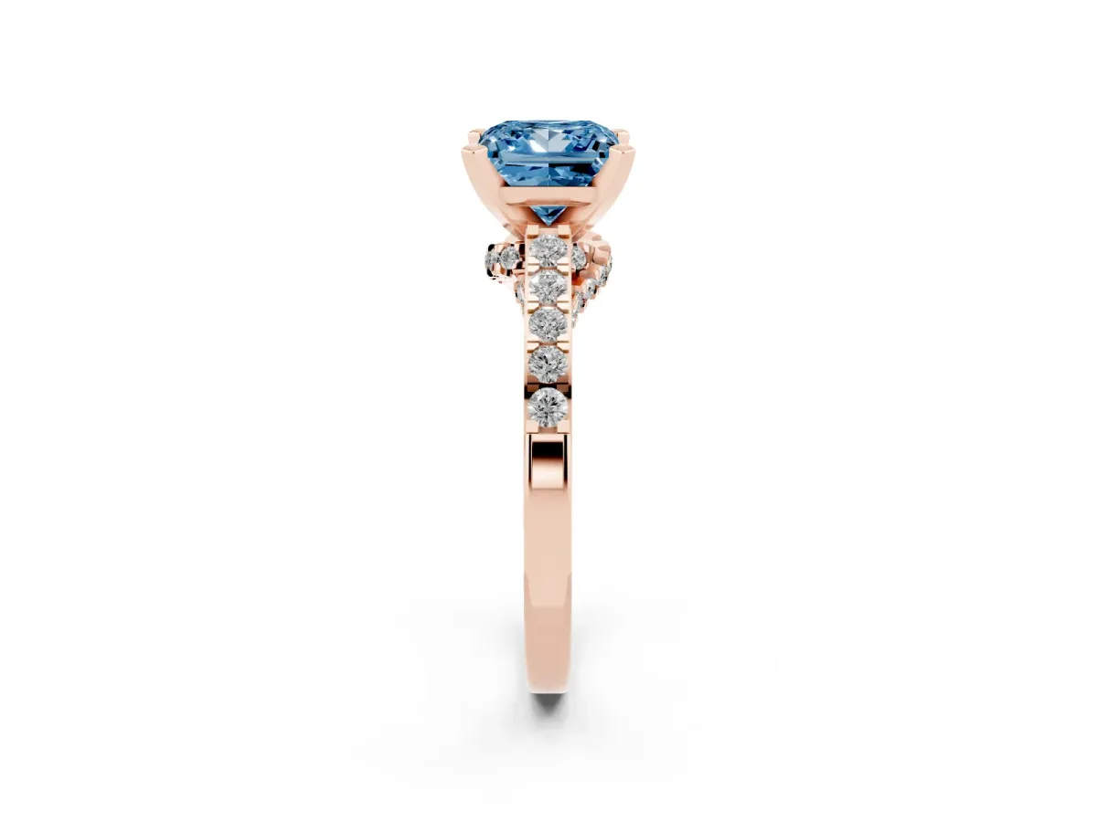 Fancy Blue Princess Cut Diamond Solitaire Ring with Crossover Gallery and Round Pavé Band Rose gold