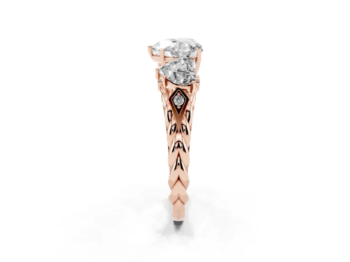 Three-Stone Heart Cut Diamond Braided Band Ring with Four-Prong Setting Rose gold