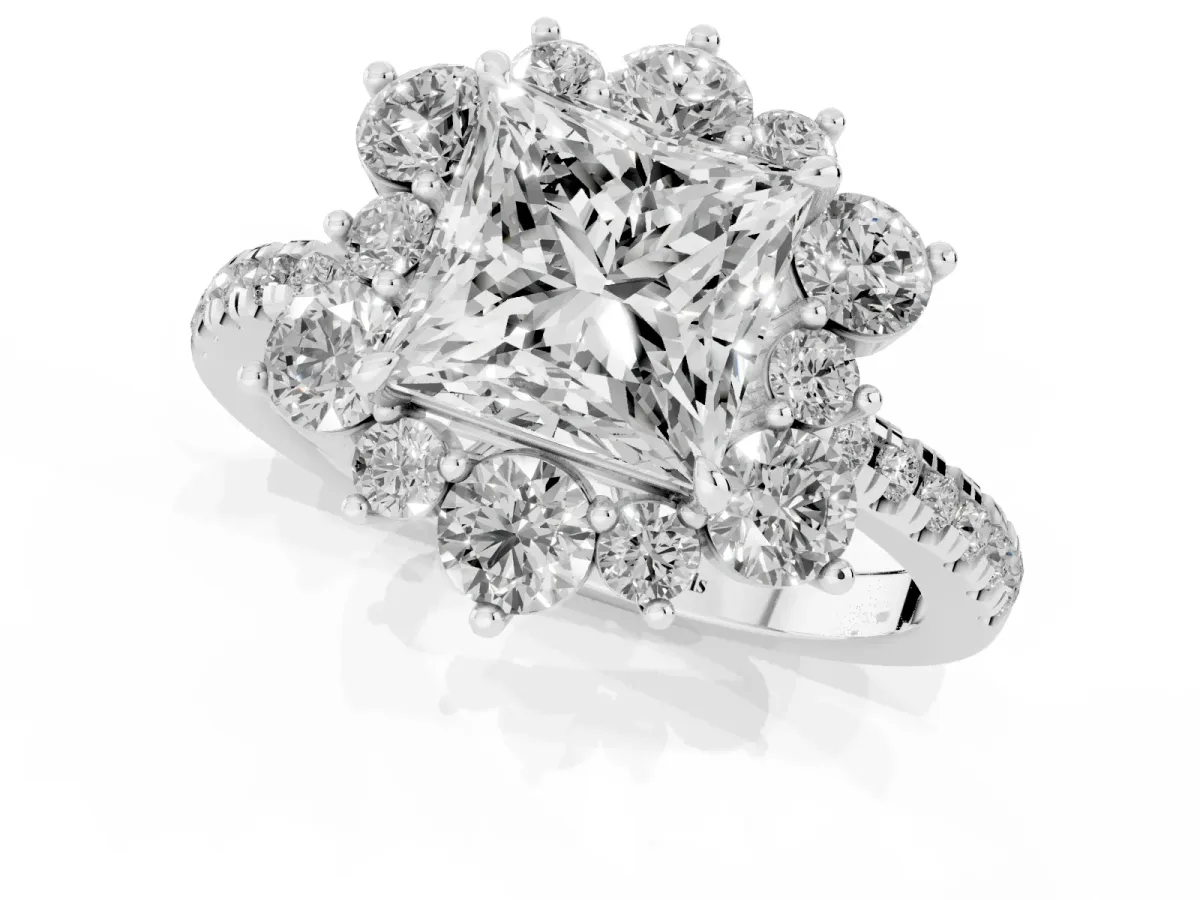 Princess Cut Diamond Floral Halo Ring with Round Pavé Band and Prong Setting Silver