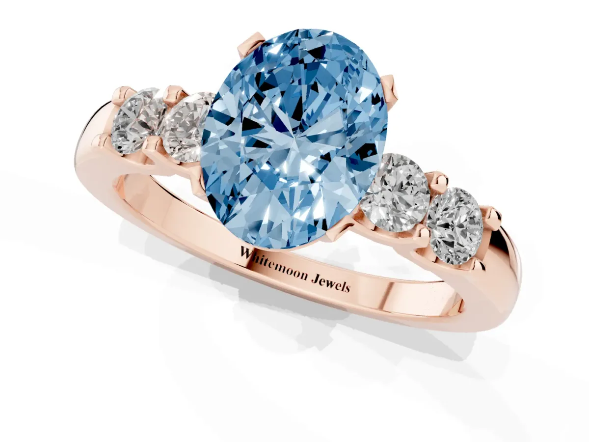 Fancy Blue Oval Cut Brilliant Cut Diamond Five-Stone Prong Set Engagement Ring with Channel Band Rose gold
