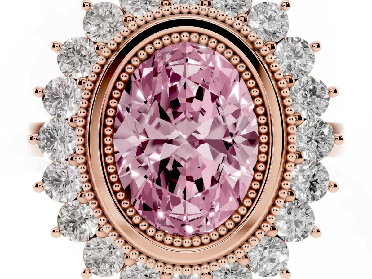 Fancy Pink Oval Cut Halo Diamond Ring with Milgrain Edge and Round Prong Setting Rose gold