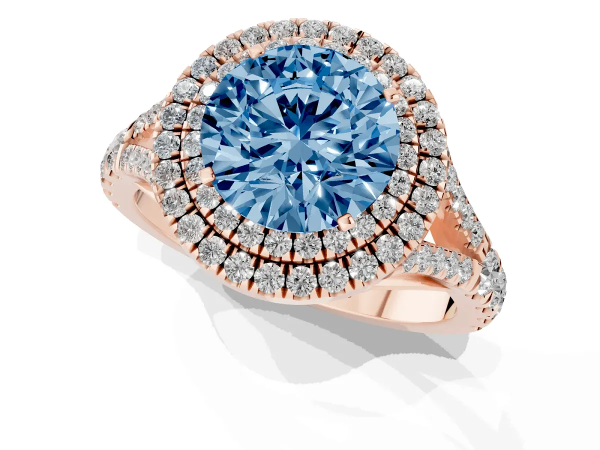 Fancy Blue Double Halo Round Cut Diamond Split Shank Engagement Ring with Four-Prong Setting Rose gold