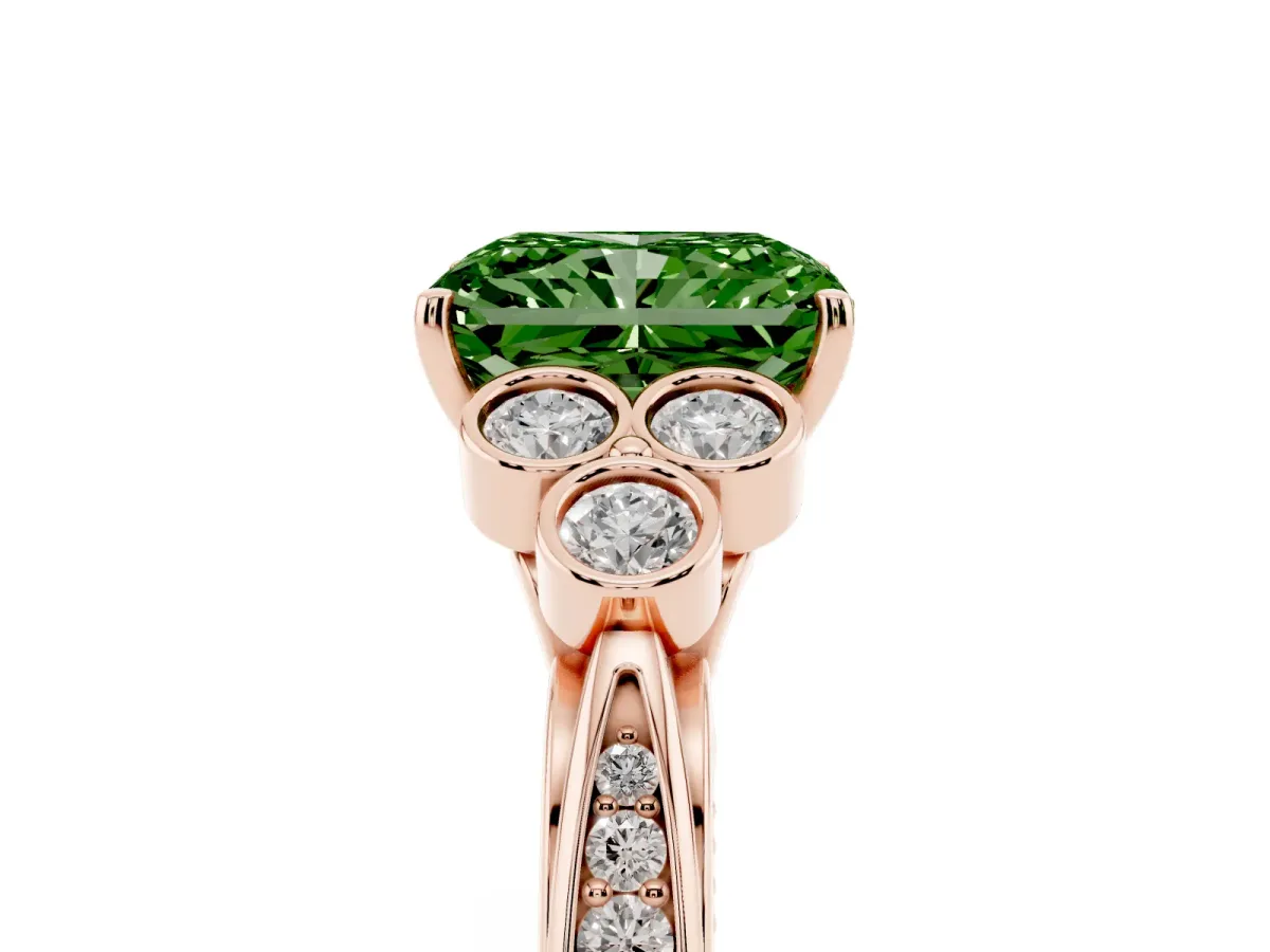 Fancy Green Radiant Cut Cut Diamond Engagement Ring with Bezel Set Round Side Stones and Prong Setting Rose gold