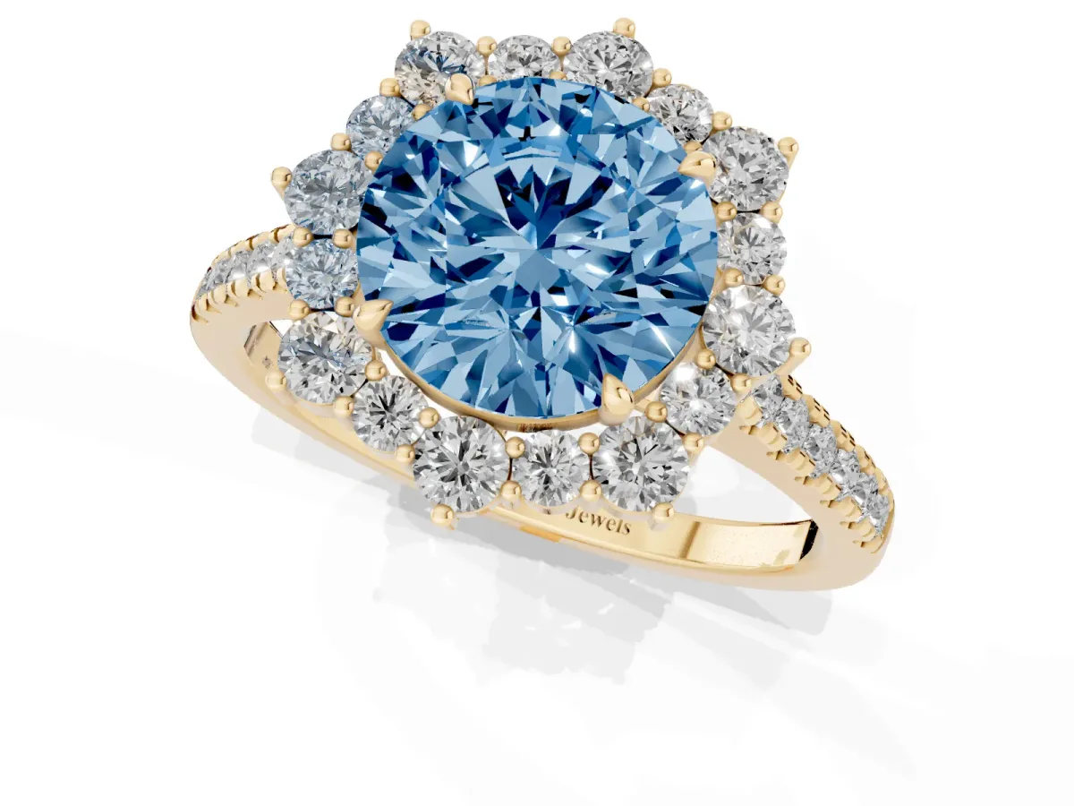 Fancy Blue Round Cut Halo Diamond Ring with Pavé Band and Prong Setting Yellow gold