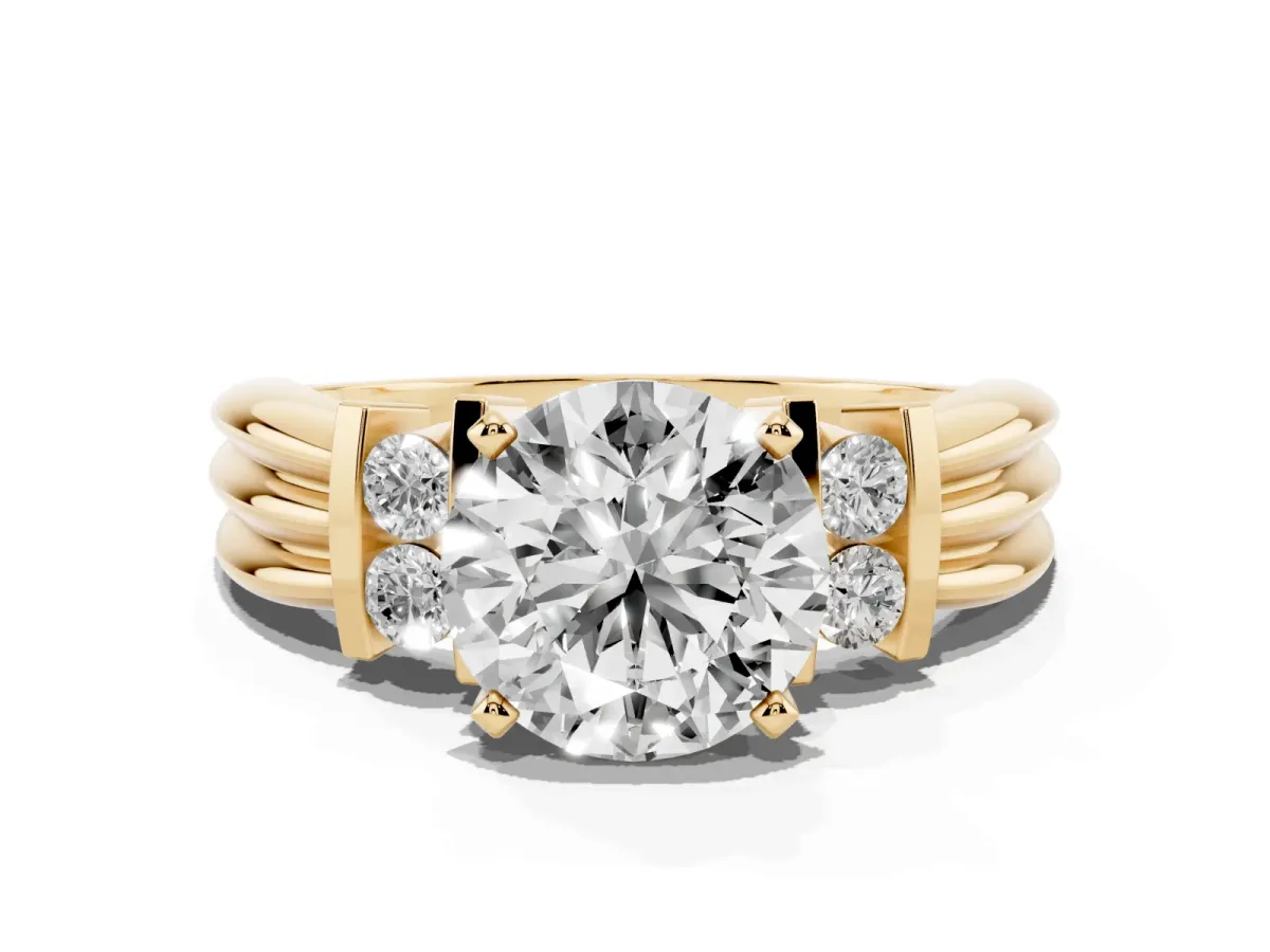 Round Cut Cut Three-Stone Channel Set Ring with Bar Prongs Yellow gold
