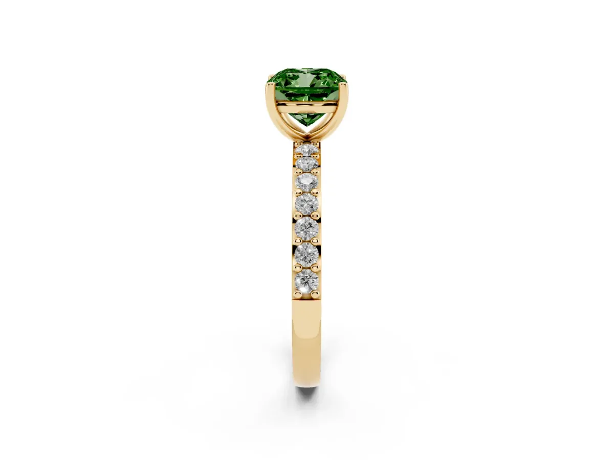 Fancy Green Cushion Cut Cut Diamond Solitaire with Pave Band and Four-Prong Setting Yellow gold