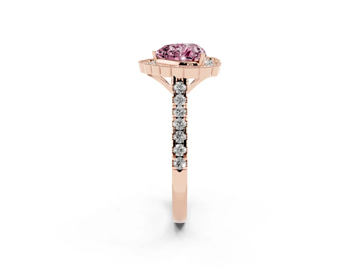 Fancy Pink Heart Cut Cut Diamond Milgrain Floral Halo Engagement Ring with Pavé Band Rose gold