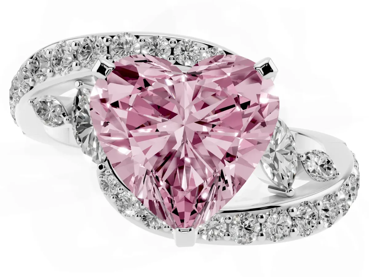 Fancy Pink Heart Cut Solitaire with Pavé Twist Band and Four-Prong Setting Silver