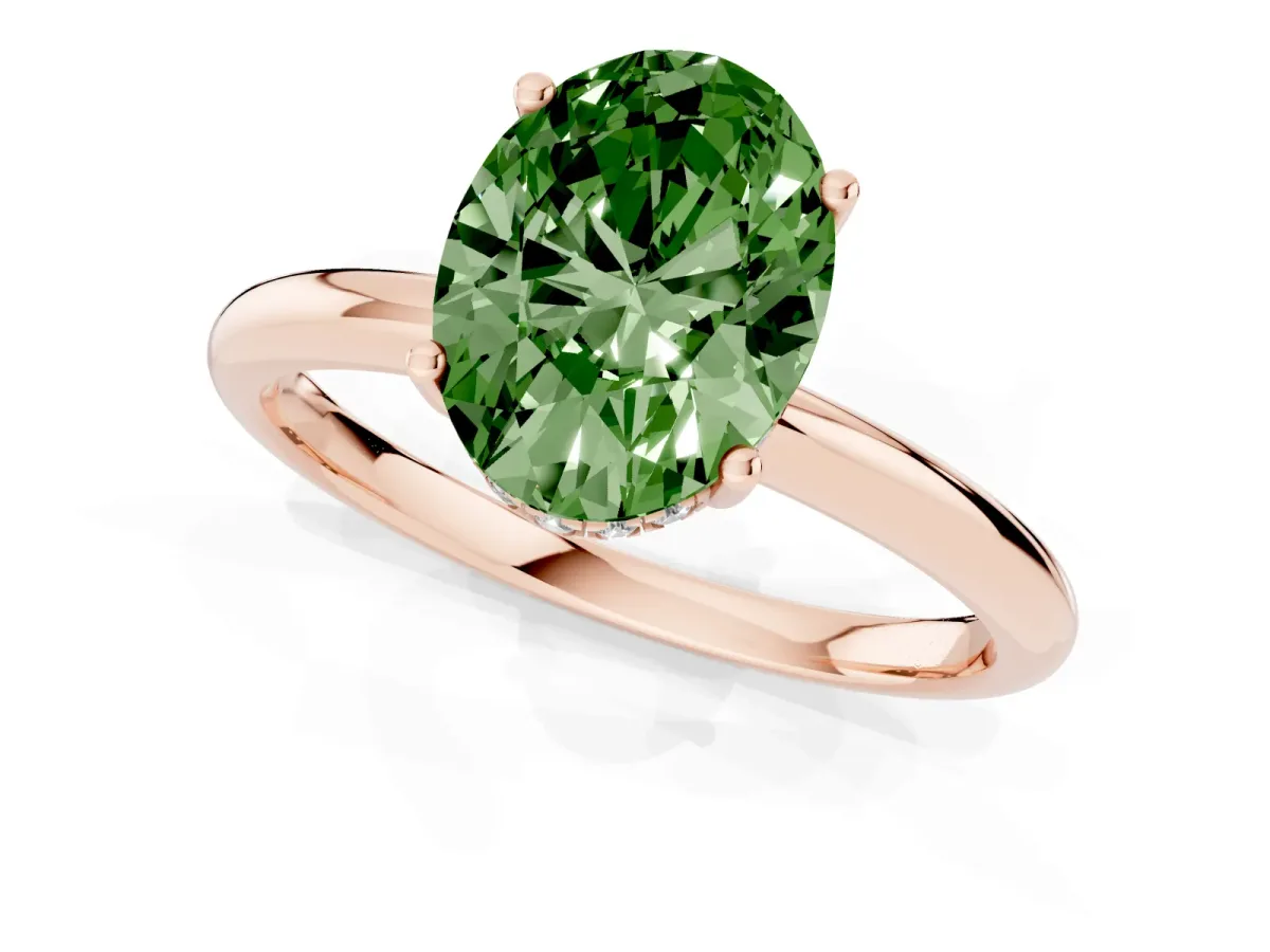 Fancy Green Oval Cut Cut Solitaire Engagement Ring with Four-Prong Setting and Classic Band Rose gold