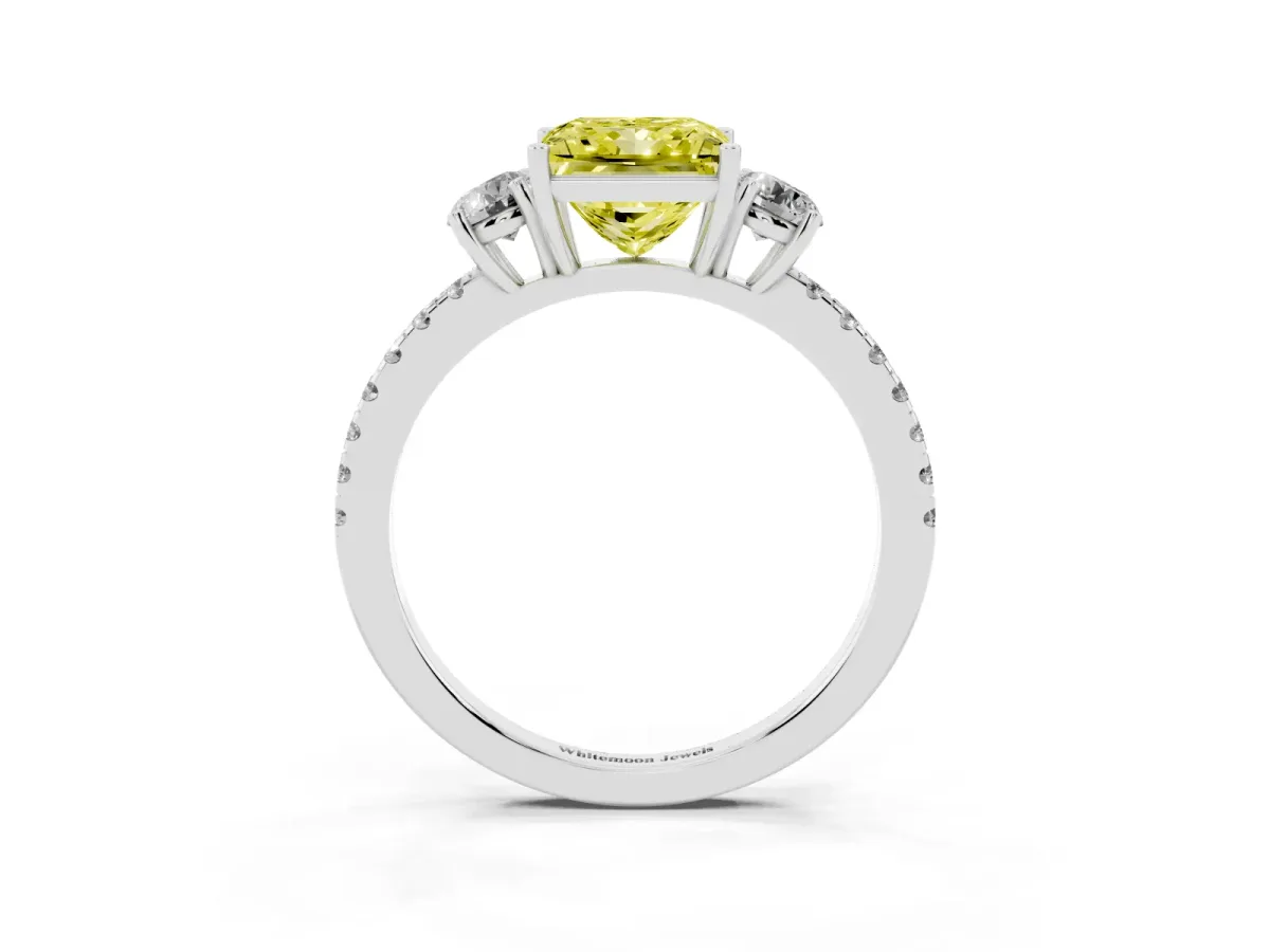 Fancy Yellow Three-Stone Princess Cut Cut Diamond Pavé Band with Prong Setting Silver