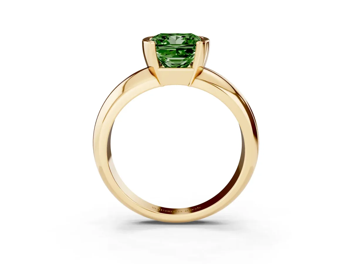 Fancy Green Princess Cut Solitaire Tension Set Diamond Ring with Wide Band Yellow gold