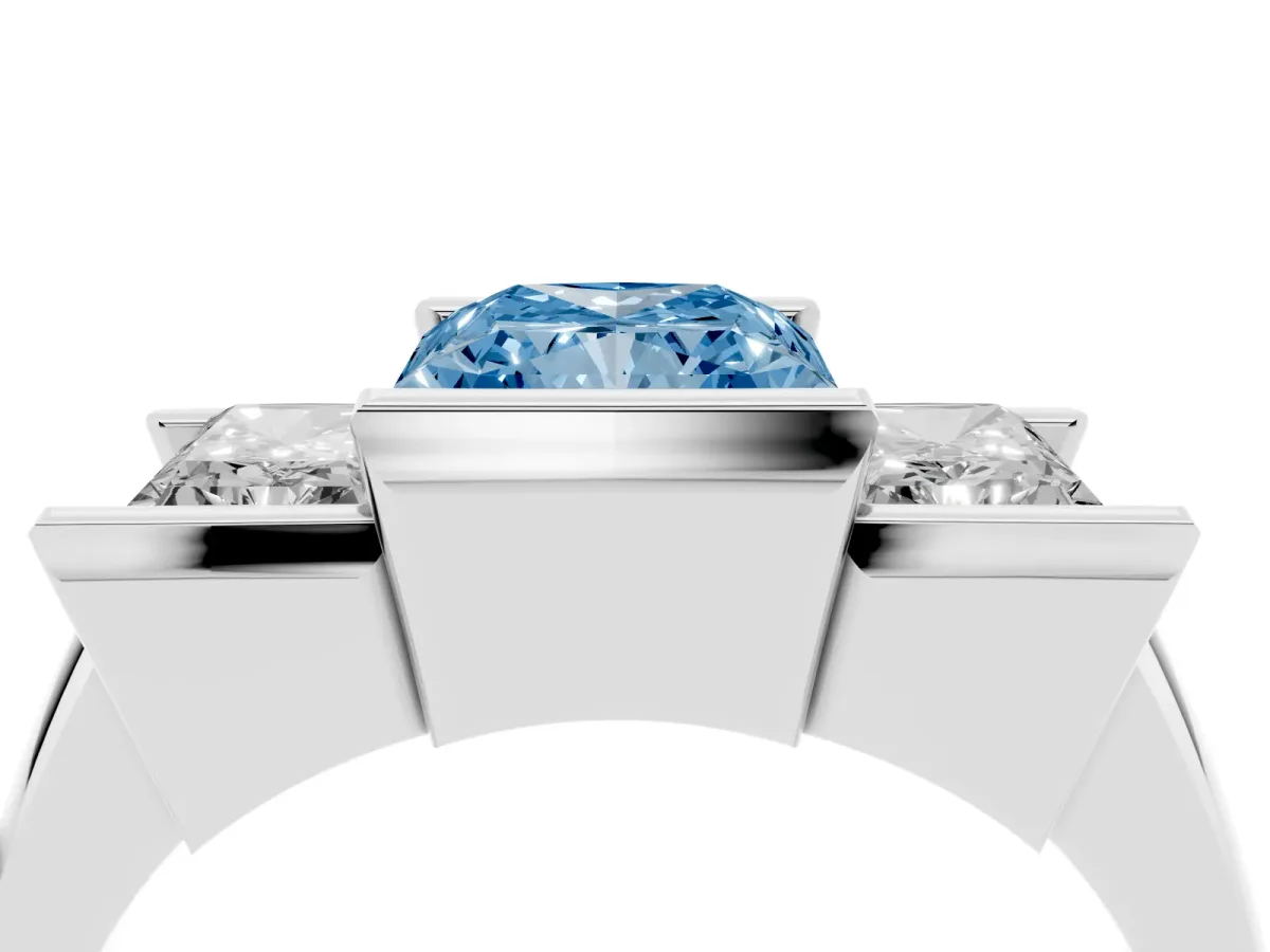 Fancy Blue Three Stone Radiant Cut Cut Channel Set Diamond Ring Silver