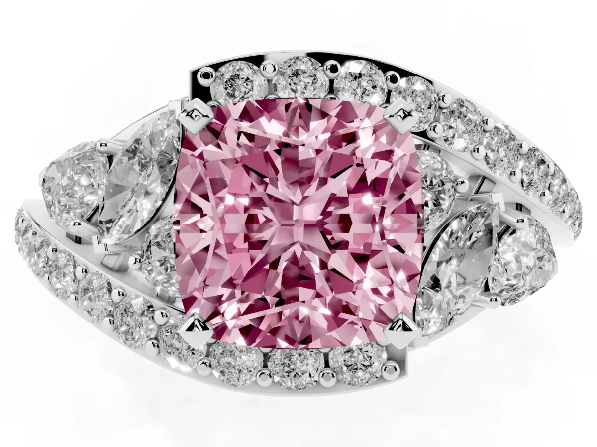 Fancy Pink Cushion Cut Diamond Halo Ring with Marquise and Pavé Band in Prong Setting Platinum
