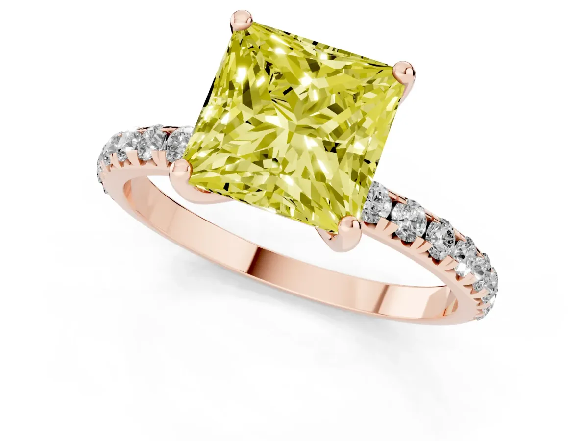 Fancy Yellow Princess Cut Cut Diamond Solitaire Ring with Micro Pave Band and Four Prong Setting Rose gold