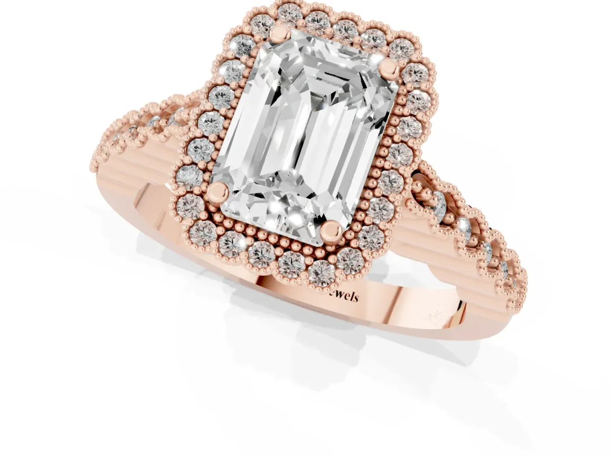 Emerald Cut Cut Halo Pavé Solitaire Ring with Milgrain Band Rose gold