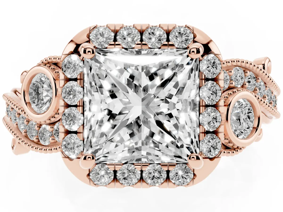 Princess Cut Diamond Halo Ring with Milgrain Pavé Band and Four-Prong Setting Rose gold