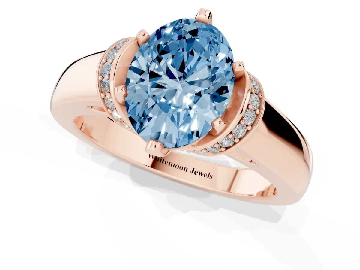 Fancy Blue Oval Cut Solitaire Diamond Ring with Pave Band and Six-Prong Setting Rose gold