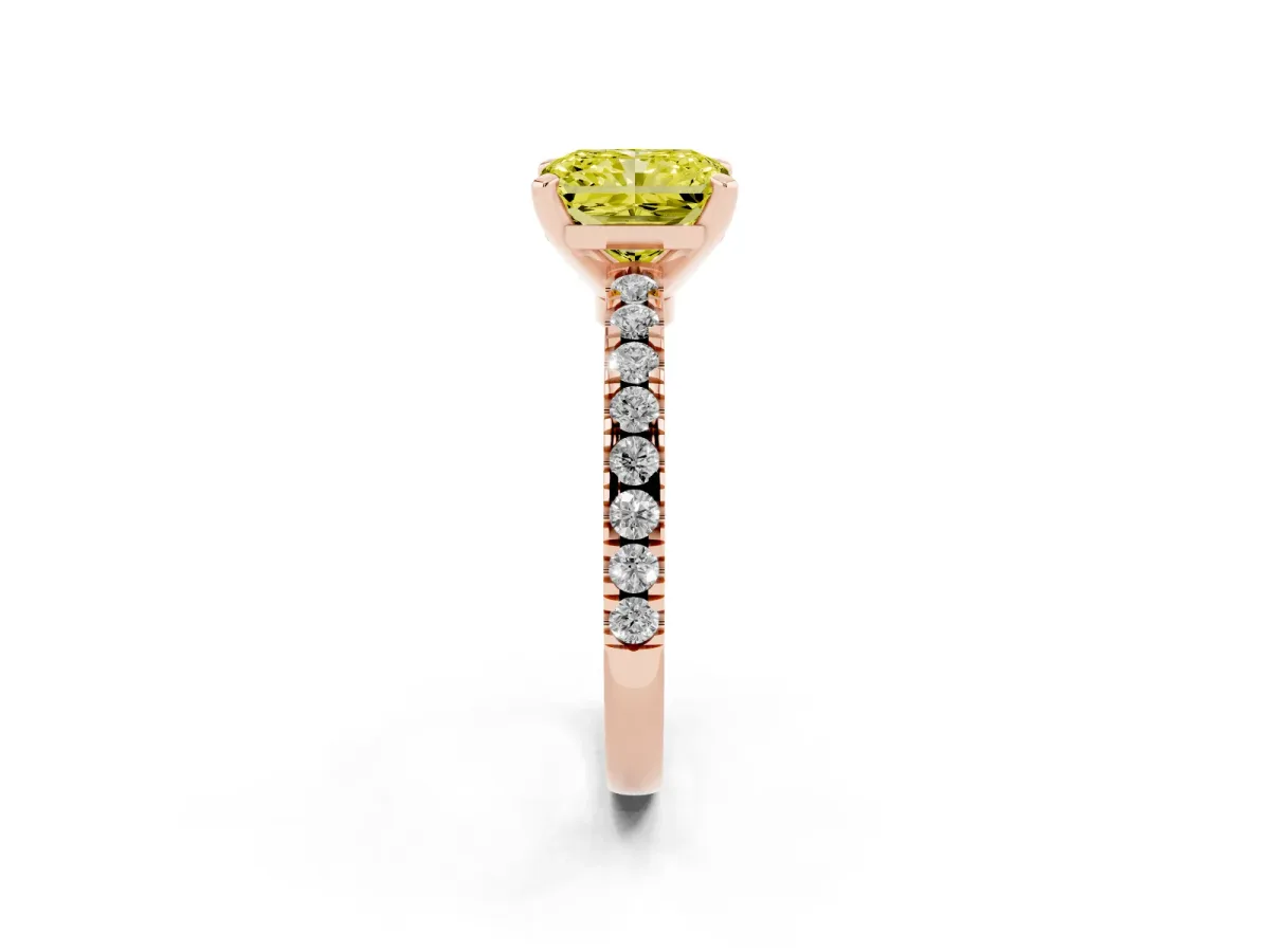 Fancy Yellow Radiant Cut Solitaire Diamond with Pavé Band and Four-Prong Setting Rose gold
