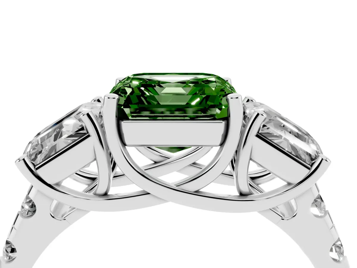 Fancy Green Three-Stone Asscher Cut Diamond Pavé Band with Prong Setting Platinum