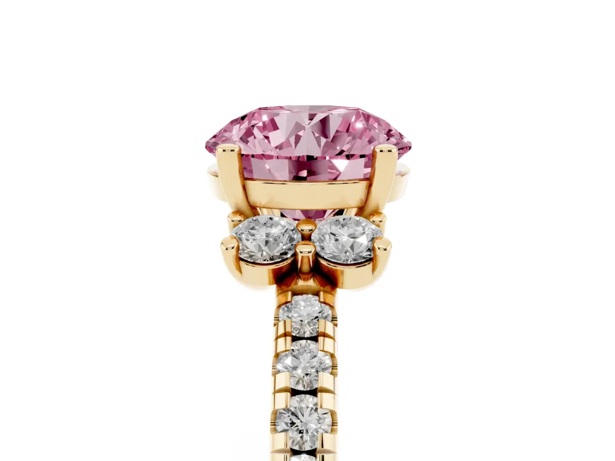 Fancy Pink Round Cut Diamond Three-Stone Pave Band with Four-Prong Setting Yellow gold