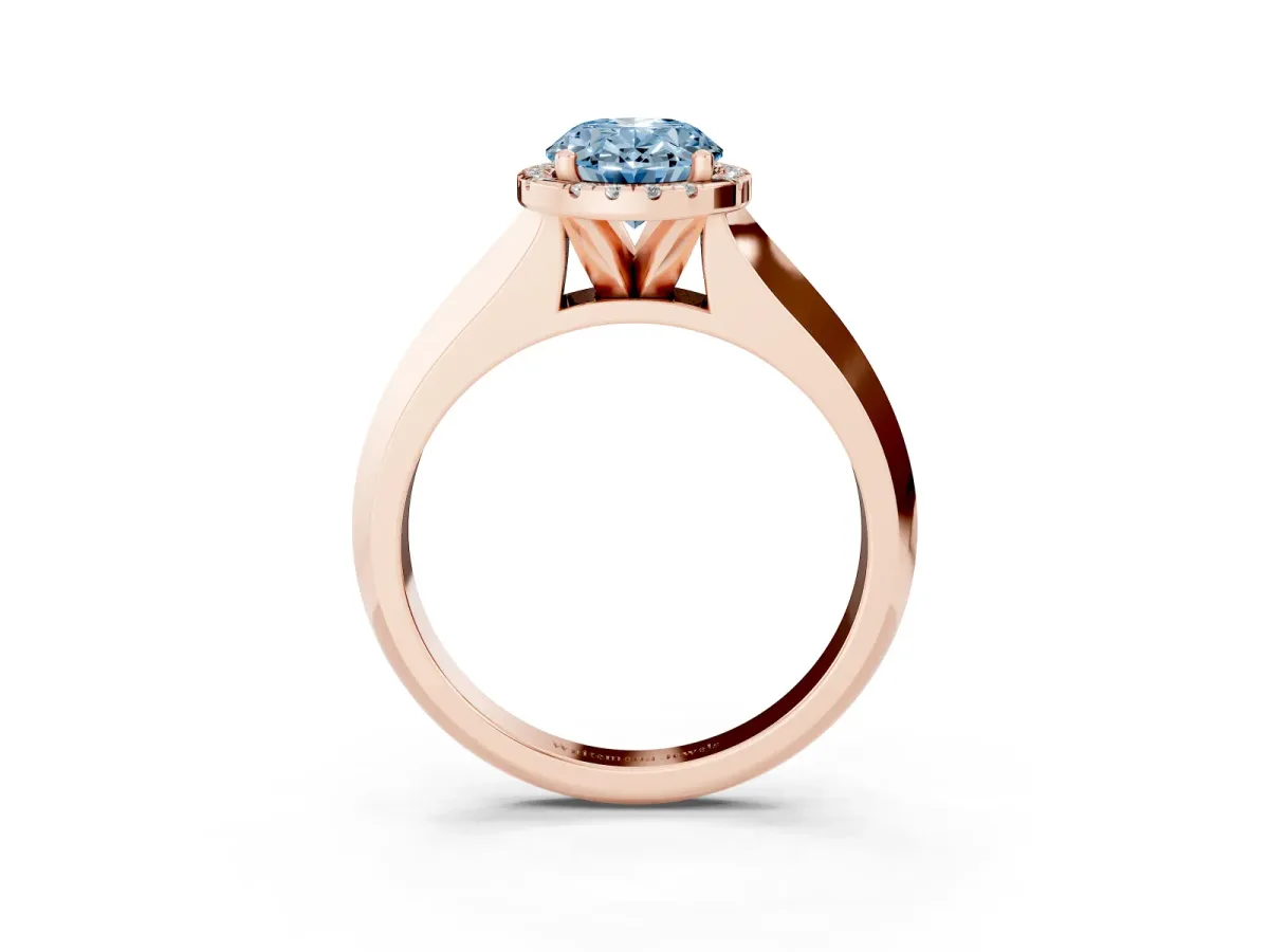 Fancy Blue Oval Cut Halo Diamond Ring with Cathedral Band and Four-Prong Setting Rose gold