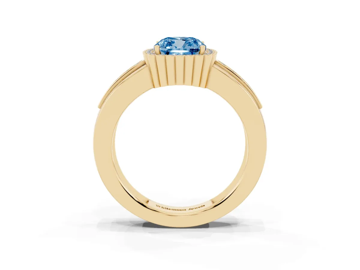 Fancy Blue Cushion Cut Cut Halo Pave Band Four-Prong Ring Yellow gold