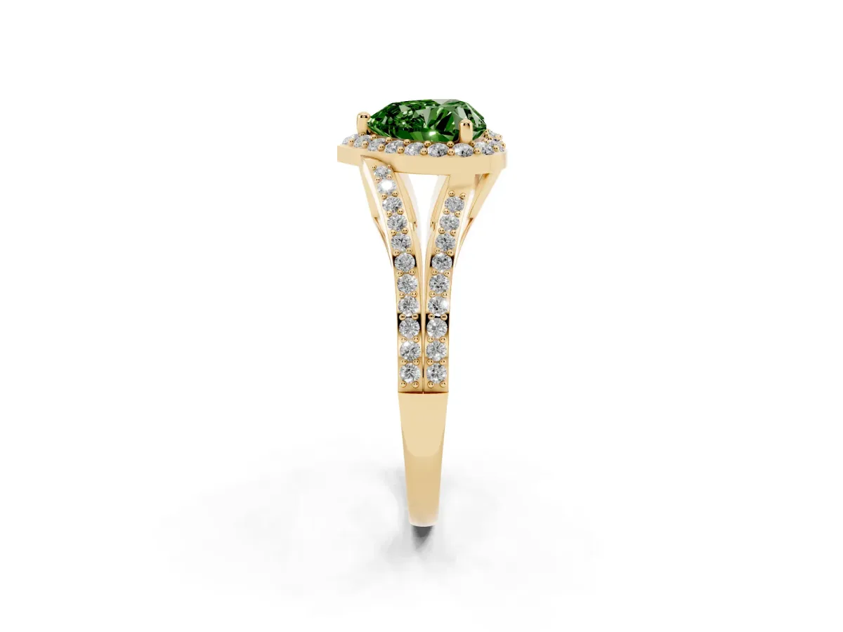 Fancy Green Heart Cut Halo Split Shank Diamond Ring with Prong Setting Yellow gold