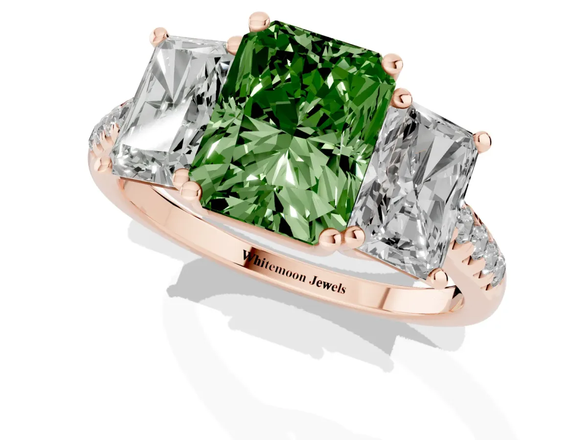Fancy Green Three-Stone Radiant Cut Diamond Ring with Round Pavé Band and Prong Setting Rose gold