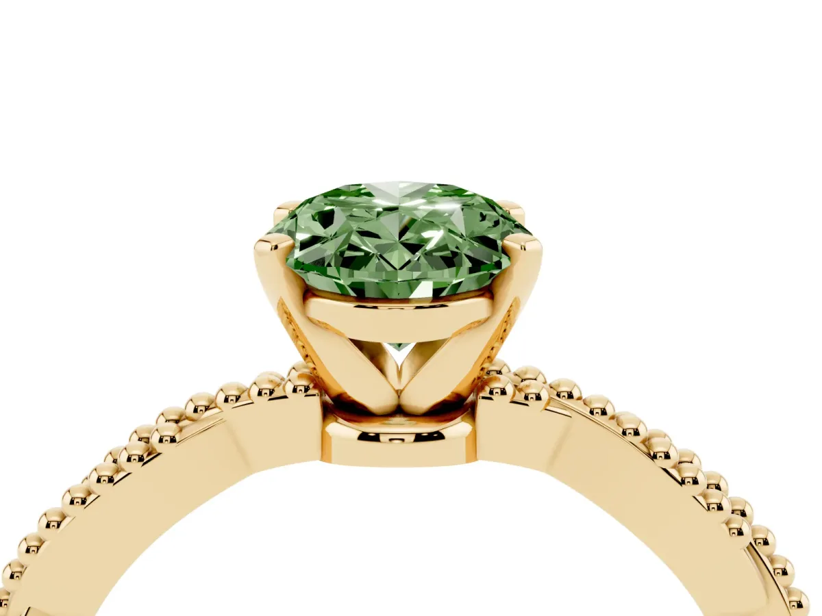 Fancy Green Oval Cut Solitaire Twisted Band with Bead Prong Setting Yellow gold