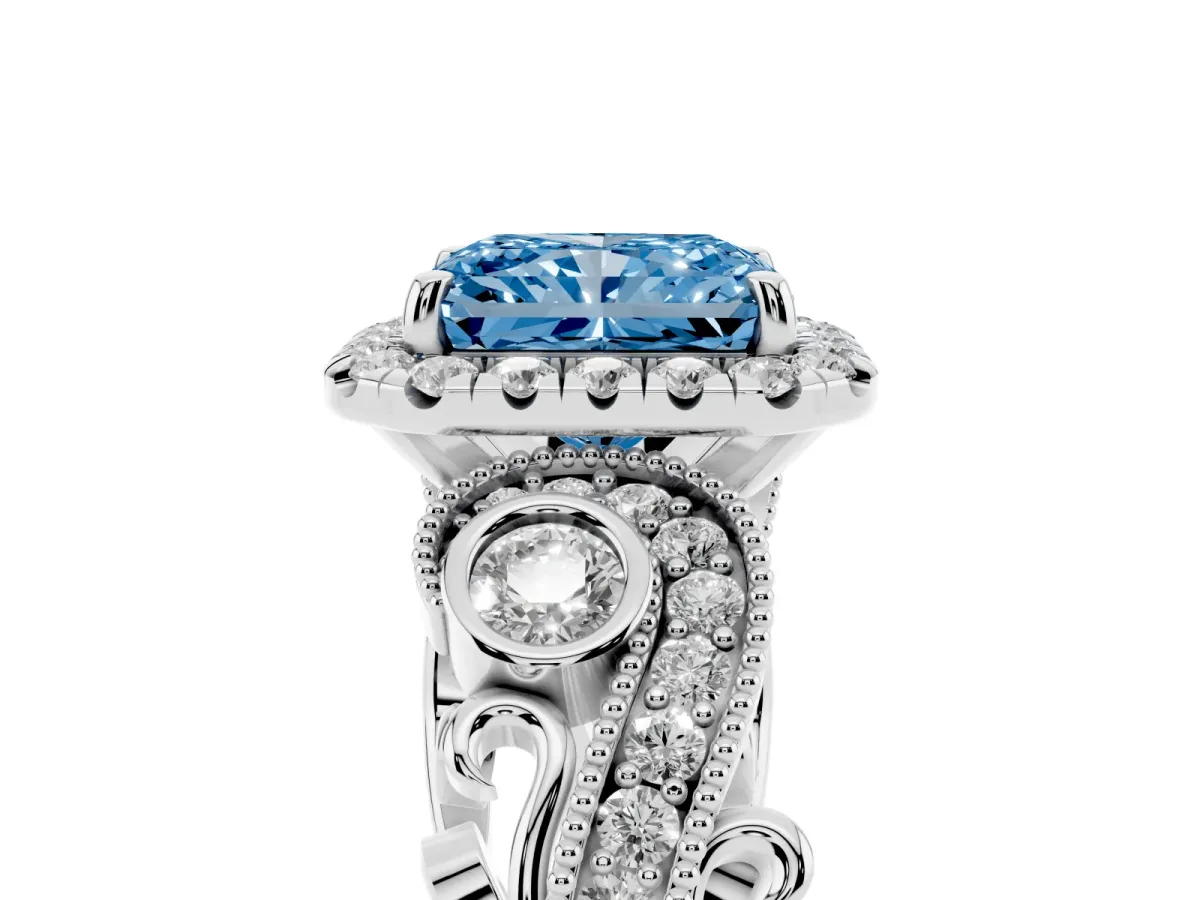 Fancy Blue Radiant Cut Diamond Halo Ring with Milgrain Pavé Band and Four-Prong Setting Silver