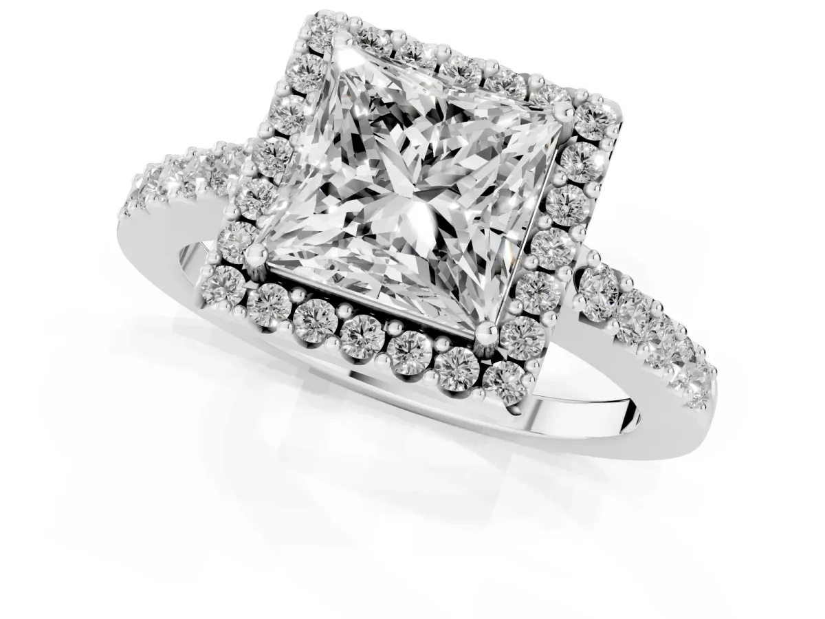 Princess Cut Halo Diamond Pavé Solitaire Ring Platinum