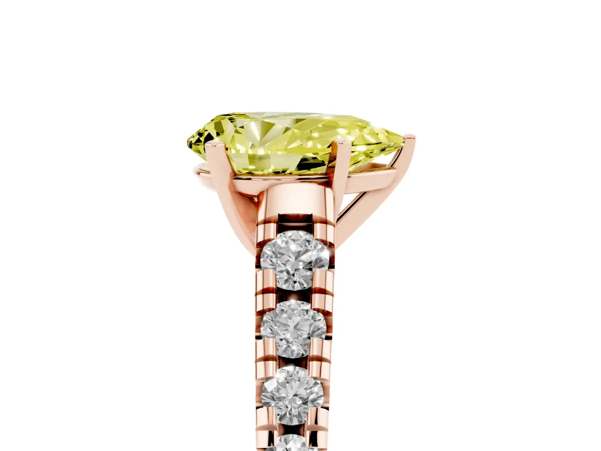 Fancy Yellow Pear Cut Diamond Cathedral Solitaire Ring with Round Pavé Band Rose gold