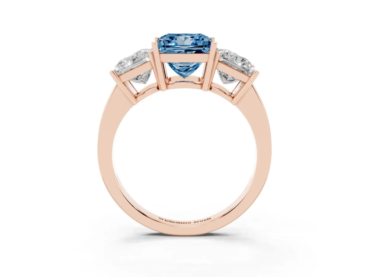 Fancy Blue Three-Stone Princess Cut Cut Diamond Engagement Ring with Flat Band and Four-Prong Setting Rose gold